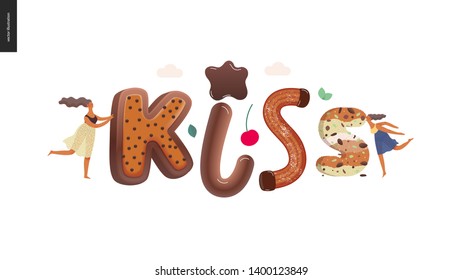 Dessert lettering - Kiss - modern flat vector concept digital illustration of temptation font, sweet lettering and girls. Caramel, toffee, biscuit, waffle, cookie, cream and chocolate letters
