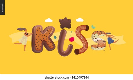 Dessert Lettering - Kiss - Modern Flat Vector Concept Digital Illustration Of Temptation Font, Sweet Lettering And Girls. Caramel, Toffee, Biscuit, Waffle, Cookie, Cream And Chocolate Letters