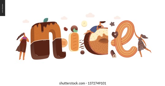 Grabado de postre - Lindo - moderno concepto de vector plano ilustración digital de tipografía de tentación, letras dulces y niñas. Caramelo, toffet, galleta, gofre, galleta, crema y letras de chocolate