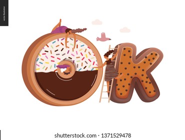 Dessert lettering - OK - modern flat vector concept digital illustration of temptation font, sweet lettering and girls. Caramel, toffee, biscuit, waffle, cookie, cream and chocolate letters
