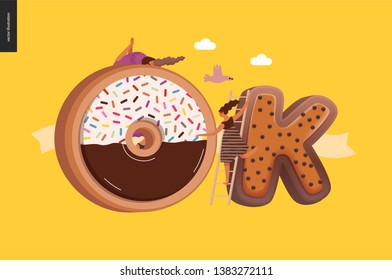 Dessert lettering - OK - modern flat vector concept digital illustration of temptation font, sweet lettering and girls. Caramel, toffee, biscuit, waffle, cookie, cream and chocolate letters