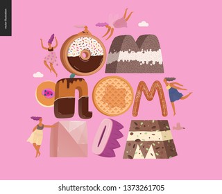 Letras de sobremesa - Om-nom-nom - conceito vetor plano moderno ilustração digital de fonte de tentação, letras doces e meninas. Caramelo, toffee, biscoito, waffle, biscoito, creme e letras de chocolate