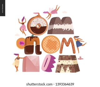 Dessert lettering - Om-nom-nom - modern flat vector concept digital illustration of temptation font, sweet lettering and girls. Caramel, toffee, biscuit, waffle, cookie, cream and chocolate letters