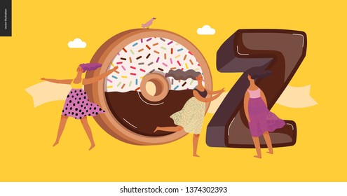 Dessert lettering - Oz - modern flat vector concept digital illustration of temptation font, sweet lettering and girls. Caramel, toffee, biscuit, waffle, cookie, cream and chocolate letters