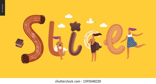 Dessert lettering - Slice - modern flat vector concept digital illustration of temptation font, sweet lettering and girls. Caramel, toffee, biscuit, waffle, cookie, cream and chocolate letters