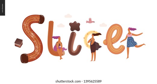 Dessert-Schrift - Slice - modernes flaches Vektorkonzept, digitale Illustration von Versuchsschriftart, süßen Schriften und Mädchen. Kaffee, Kekse, Waffeln, Kekse, Sahne und Schokoladenbriefe