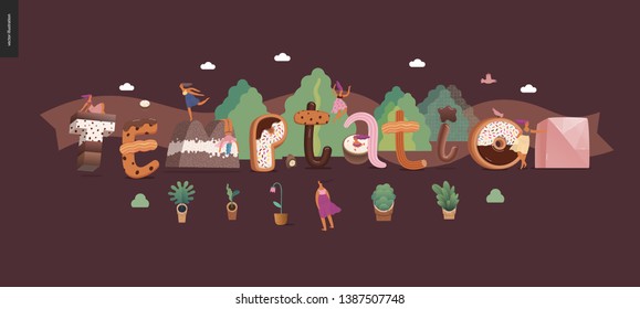 Grabado de postre - Tentación - moderno concepto vectorial plano ilustración digital de tipografía de tentación, letras dulces y niñas. Caramelo, toffet, galleta, gofre, galletas, crema y chocolate