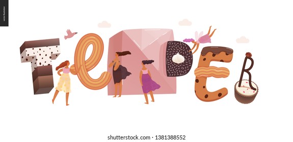 Dessert lettering - Tender - modern flat vector concept digital illustration of temptation font, sweet lettering and girls. Caramel, toffee, biscuit, waffle, cookie, cream and chocolate letters