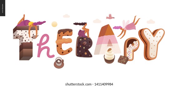 Dessert lettering - Therapy - modern flat vector concept digital illustration of temptation font, sweet lettering and girls. Caramel, toffee, biscuit, waffle, cookie, cream and chocolate letters