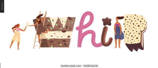 Dessert lettering - Whip - modern flat vector concept digital illustration of temptation font, sweet lettering and girls. Caramel, toffee, biscuit, waffle, cookie, cream and chocolate letters