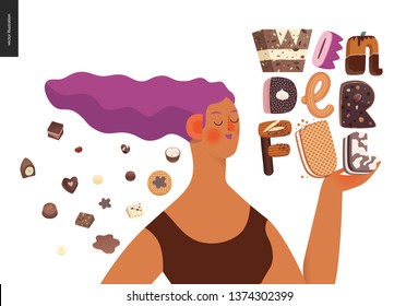 Dessert lettering - Wonderful - modern flat vector concept digital illustration of temptation font, sweet lettering and girls. Caramel, toffee, biscuit, waffle, cookie, cream and chocolate letters