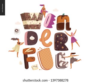 Dessert lettering - Wonderful - modern flat vector concept digital illustration of temptation font, sweet lettering and girls. Caramel, toffee, biscuit, waffle, cookie, cream and chocolate letters