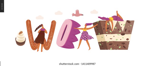 Dessert lettering - Wow - modern flat vector concept digital illustration of temptation font, sweet lettering and girls. Caramel, toffee, biscuit, waffle, cookie, cream and chocolate letters