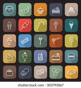 Dessert line flat icons with long shadow, stock vector