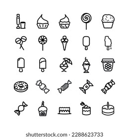 dessert line icon set with cake, ice cream, candy