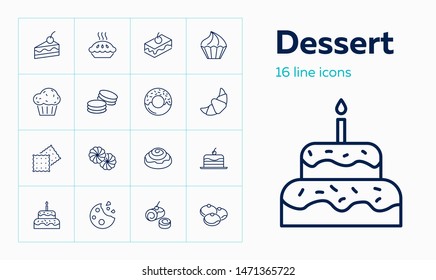 Dessert line icon. Set of line icons on white background. Cake piece, chocolate bun, cookie. Bakery concept. Vector can be used for topics like food, unhealthy eating, confectionary