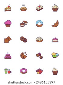 Dessert line icon. Set of line icons on white background. Cake piece, chocolate bun, cookie. Bakery concept. Vector can be used for topics like food, unhealthy eating, confectionary