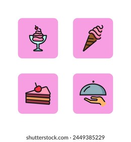 Dessert line icon set. Sweet cream, ice cream cone, cherry cake and serving. Confiteria concept. Can be used for topics like cafe, restaurant, sweet shop