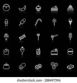 Dessert line icons with reflect on black, stock vector