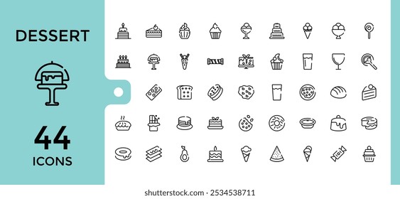 Dessert line icons set. Contains related to sweetly, food, vanilla, dessert, sweets and more. Isolated icons design. Editable stroke.