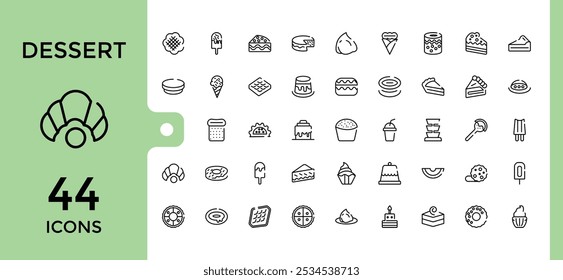 Dessert line icons set. Contains related to sweetly, food, vanilla, dessert, sweets and more. Isolated icons design. Editable stroke.