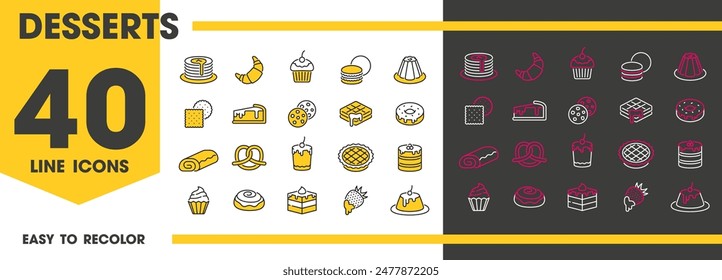 Dessert Line Icons der Vektorgrafik süße Speisen und Gebäck. Kuchen, Cupcake, Keks und Kuchen, Schokoladenmuffin, Kekse und Croissant Umrisssymbole. Pudding, Waffel, Donut und Käsekuchen, Pfannkuchen und Torte