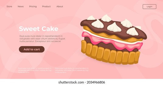 Dessert made of biscuit and chocolate topping, mousse and jam. Bakery shop or cafe, restaurant or store selling online products for clients. Website or webpage template, landing page flat vector