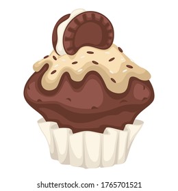 Dessert made with cocoa powder, mousse or cream, decorated with crispy cookie. Bakery or homemade production, portion of snack and sweets with chocolate base and sprinkles. Vector in flat style