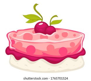 Dessert made of jelly, cherry syrup, cream and decoration. Mousse cake with vanilla flavour, homemade sweets served for dinner. Dish in restaurant, icon for menu for bakery. Vector in flat style