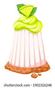 Dessert made of pudding and cookie with mousse of lime. Citrus flavor of sweets, isolated icon of delicious food with lemon. Menu for restaurant or cafe, bakery shop assortment. Vector in flat style