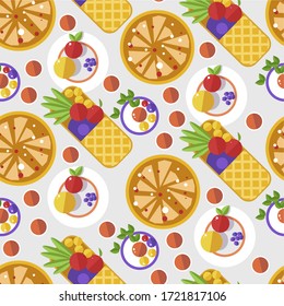 Dessert made up of sweet waffle and exotic or tropical fruits served on plates seamless pattern. Cake cut in pieces, berries with crispy wafer. Yummy breakfast or lunch, vector in flat style