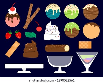 Dessert maker vector illustration. Ice cream balls, berries, waffels and glass bowls set. Dessert ice cream, sweet food with chocolate