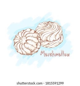 Dessert soufflé or marshmallow. Sweets and desserts for tea. Linear hand-drawn sketch on textured background.
