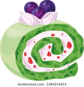 dessert matcha roll with cream strawberries and blueberries
