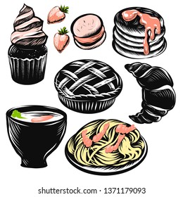 Dessert and meal restaurant menu vector illustration set. Graphic drawings of Cupcake, Macaroni, Pancakes, Strawberry, Pie, Croissant, Soup, Pasta.