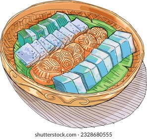 Dessert Melaka Food, Kuih Muih Melaka by watercolor illustration.