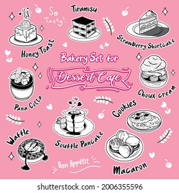 Dessert menu in the cafe such as Honey Toast, Souffle Pancake, Waffle, Tiramisu, Choux cream, Pana Cotta, Strawberry Shortcake, Cookies, Macaron. Vector Illustration.