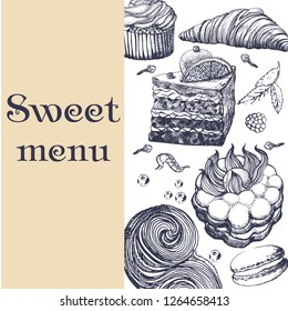 dessert menu, cake hand drawing vector