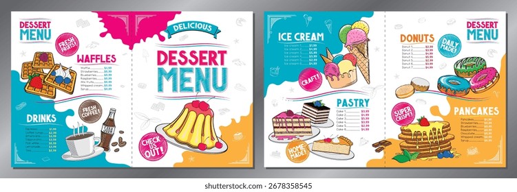 Dessert menu card - letter format x2 (8,5 x 11 inches x2) - vector illustration