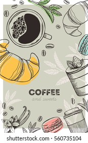 The dessert menu. Coffee flyer. Vector cafe template with hand-drawn graphic.