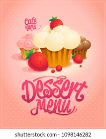 Dessert menu cover vector design concept with cupcakes, cakes and berries