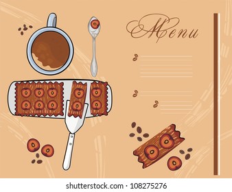 Dessert menu with plum cake and cup of coffee - easy to modify