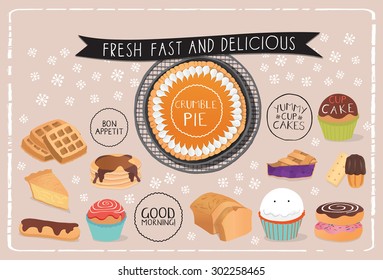 Dessert menu, poster or placemat illustrations. Hand drawn and vector.
