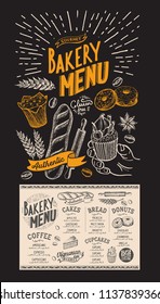 Dessert menu for restaurant. Bakery template with food hand-drawn graphic illustrations. Vector flyer for bar and cafe.