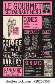 Dessert menu for restaurant and cafe. Design template with food hand-drawn graphic illustrations.