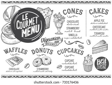 Dessert menu for restaurant and cafe. Design template with food hand-drawn graphic illustrations.