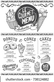 Dessert menu for restaurant and cafe. Design template with food hand-drawn graphic illustrations.