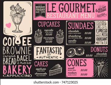 Dessert menu for restaurant and cafe. Design template with food hand-drawn graphic illustrations.
