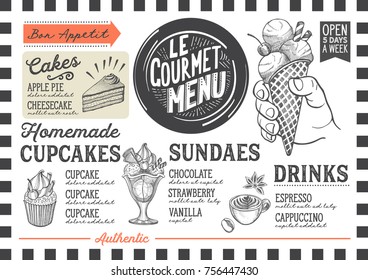 Dessert menu for restaurant and cafe. Design template with food hand-drawn graphic illustrations.