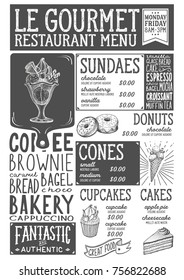Dessert menu for restaurant and cafe. Design template with food hand-drawn graphic illustrations.